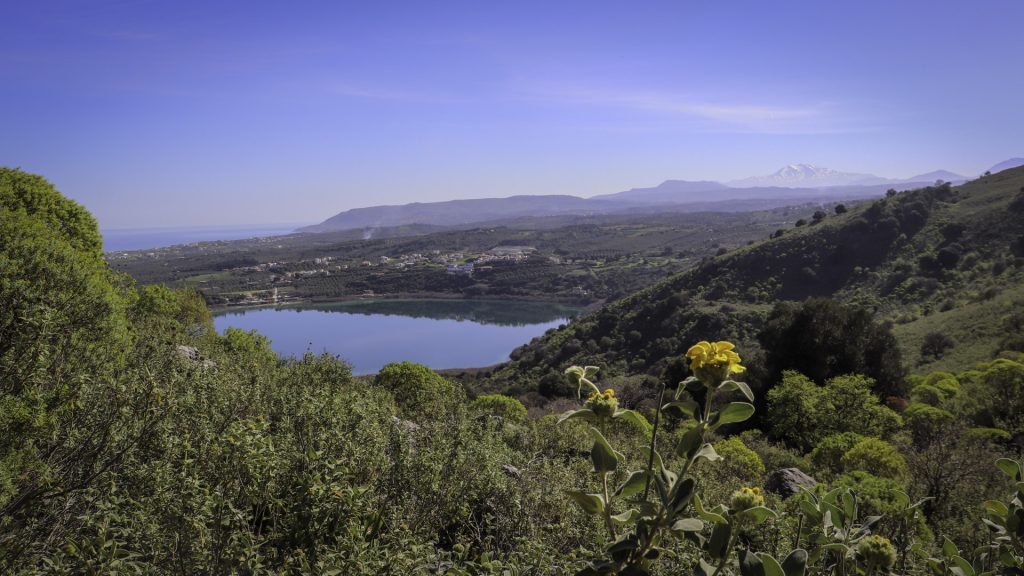 A narrow hiking path through olive groves with view of Lake Kournas.
